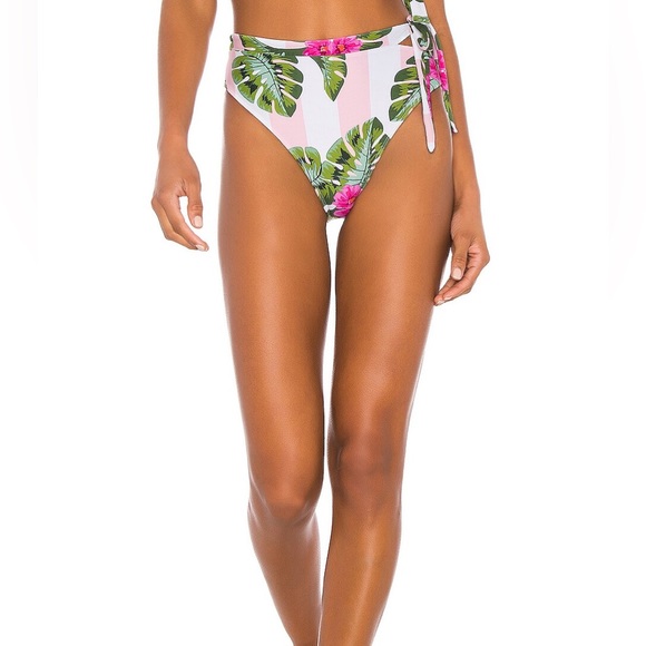 Lovers + Friends Other - Lovers & Friends Pink Green Palm Stripe Waist Tie Bikini Bottoms size Medium EUC